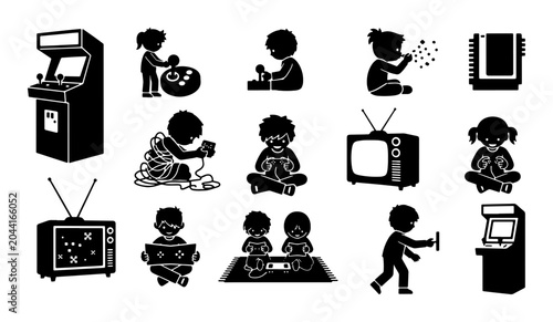 Foto Retro Gaming Icons, Vintage Arcade Machines, Classic Television Sets, Children P