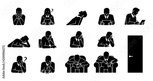 Schilderij op canvas Boredom and Fatigue Business People Icons, Set of 14 Vector Silhouettes Depictin