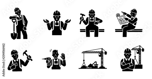 Schilderij op canvas Construction Worker Icon Set: Builder, Shoveling, Drilling, Blueprint, Crane, Sa