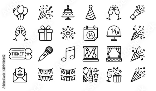Party Celebration and Event Planning Outline Icon Set Editable Stroke 64x64 Vector Illustration