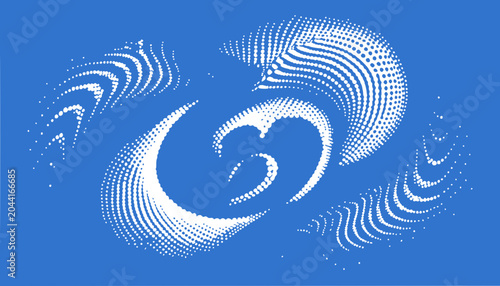 Abstract white dotted pattern on blue background, swirling motion, digital art