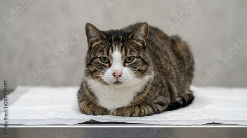 A calm tabby cat with white markings sits patiently while staring forward with intense green eyes in a clinical setting