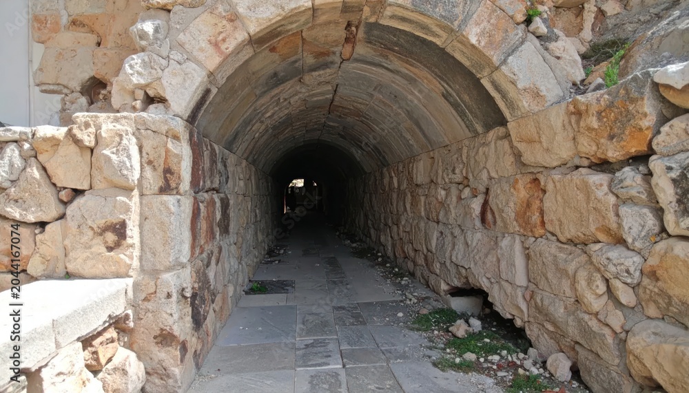 Obraz premium Ancient stone vaulted tunnel interior view.