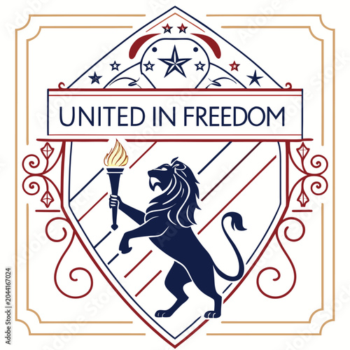 United In Freedom Shield Crest With Lion Holding Torch Patriotic Emblem And Ornamental Vintage Design