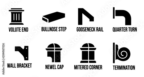 Bild auf Leinwand Staircase Parts Icons: Volute End, Bullnose Step, Gooseneck Rail, Quarter Turn, Wall Bracket, Newel Cap, Mitered Corner, Termination