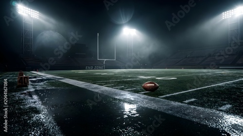 Cinematic American football field at night with stadium lights and wet turf
