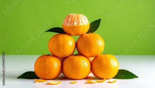 Stacked tangerine pyramid with peels and leaves