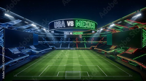 Futuristic soccer stadium at night with USA vs Mexico neon scoreboard display