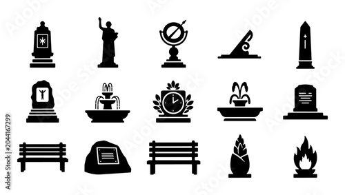Tableau sur toile Cemetery Monument Icons, Gravestone Symbols, Memorial Elements Set: Vector Graph
