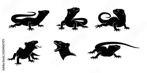 Tableau sur toile Black Lizard Silhouettes Collection, Reptile Vector Icons Set, Wildlife Animal G