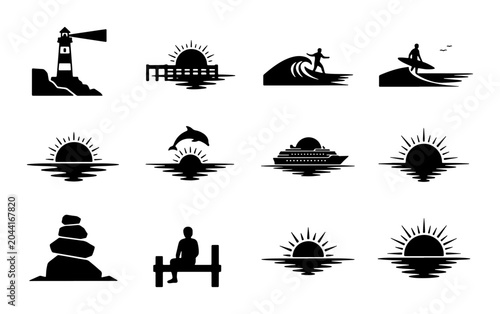 Photography Coastal Icons Set: Lighthouse, Surfer, Dolphin, Cruise Ship, Zen Stones, Dock Si