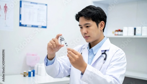 Asian male doctor inspecting medical vial in clinical lab.