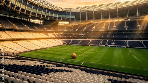 Modern empty soccer stadium with vintage ball on green field at sunset