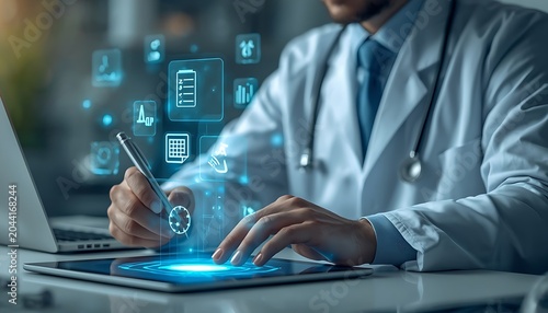 Doctor using digital tablet with holographic medical records interface in clinic