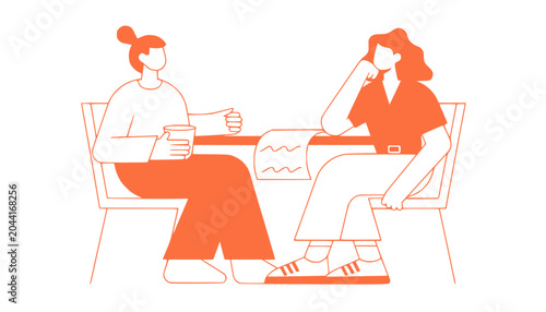 Two women talking and drinking coffee at a cafe, minimalist illustration