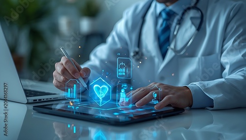 Doctor using digital tablet with holographic medical records interface in clinic