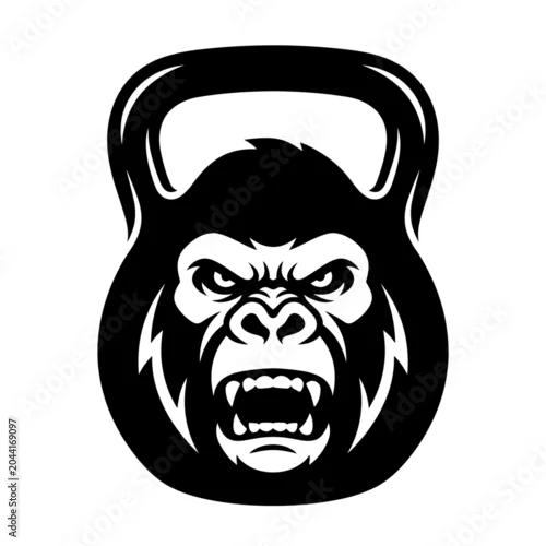 Fototapeta na wymiar Aggressive gorilla head combined with kettlebell fitness logo.