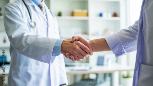 Two healthcare professionals shaking hands, symbolizing collaboration and trust in a medical setting.
