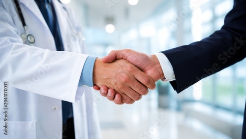 A doctor and a business professional shake hands, symbolizing collaboration and partnership in a healthcare setting.