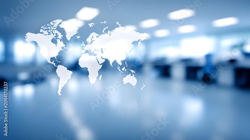 concept with white world map overlay on modern office scene