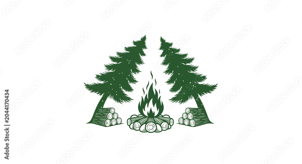 Fototapeta premium Iconic illustration of a crackling campfire and stacked logs between two tall pine trees, symbolizing nature, camping, and outdoor adventure