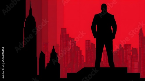 ambition concept with businessperson standing on rooftop under red sunrise sky