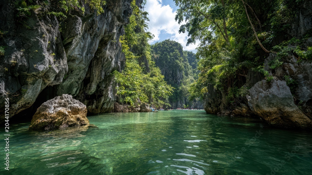 Fototapeta premium Scenic Tropical Lagoon with Crystal Clear Turquoise Water and Steep Limestone Cliffs