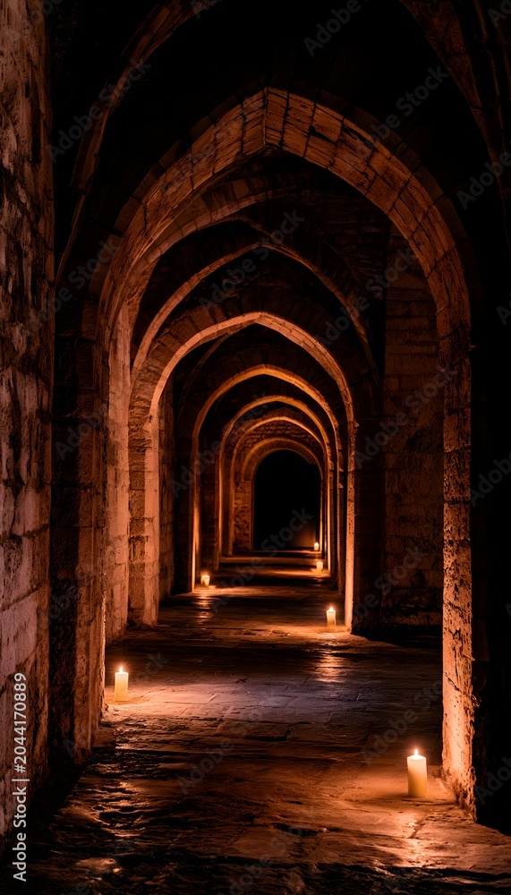 Fototapeta premium Ancient stone corridor glows warmly evoking mystery grandeur within weathered walls of timeless architecture