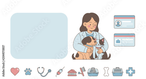 Veterinarian Caring for a Dog and Cat with Medical Icons and Patient ID Cards, Illustration