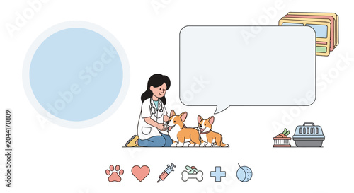 A compassionate veterinarian gently examines a healthy corgi dog while a supportive medical team stands ready with essential supplies and diagnostic tools
