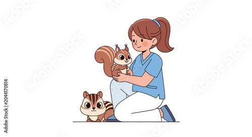 Kindhearted Woman Tenderly Cares for Adorable Wildlife Friends, a Sweet Squirrel and a Curious Chipmunk, Illustrating Gentle Animal Interaction and Compassion