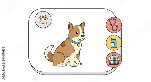 Cute puppy with a collar and leash, ready for a vet visit, with icons of a paw print, stethoscope, and pet carrier symbolizing pet care and veterinary services