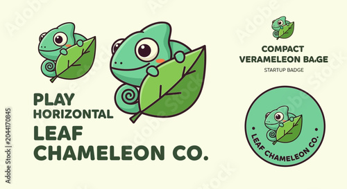 Play Horizontal Chameleon Co. Startup Badge a charming chameleon peeking from behind a leaf, perfect for branding and logos