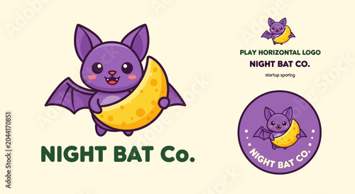 Adorable purple cartoon bat holding a crescent moon, presented as a charming logo design for a nocturnal-themed company or brand identity