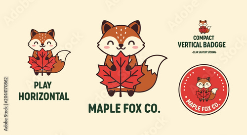 Charming illustration of a cheerful cartoon fox holding a vibrant red maple leaf, perfect for autumn-themed branding, children's products, or a nature-inspired company logo