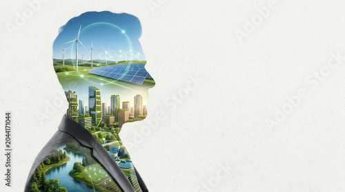 Double exposure sustainable business practices esg green energy technology city environment double exposure silhouette merges corporate leader with sustainable business practices and esg vision