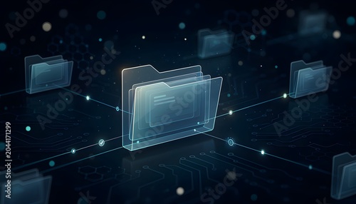 Blockchain Document Verification Digital Network with Central Glowing Folder Connected to Multiple Nodes on Circuit Board Background