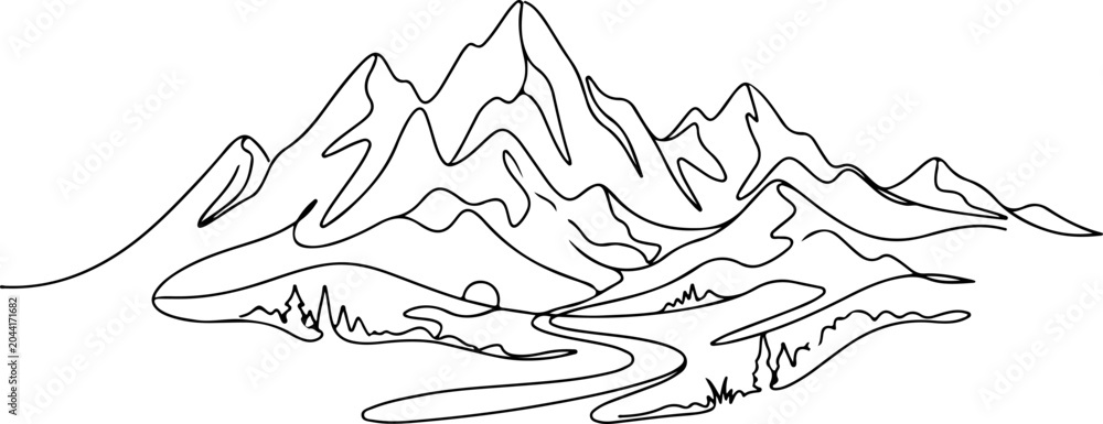 Fototapeta premium Continuous line mountain silhouette vector illustration