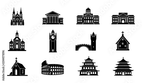 Schilderij op canvas Architectural Icons Collection: Diverse Building Silhouettes, Landmark Structure