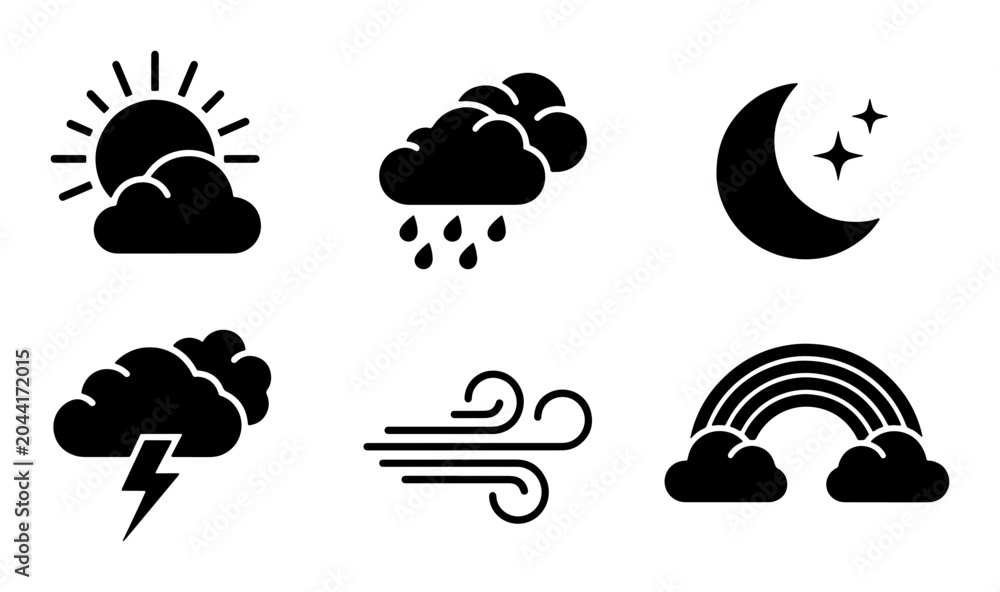 Fototapeta premium Weather Icons Set: Sun, Rain, Moon, Storm, Wind, Rainbow, Celestial Symbols, Atmospheric Phenomena, Forecasting Graphics, Meteorological Symbols