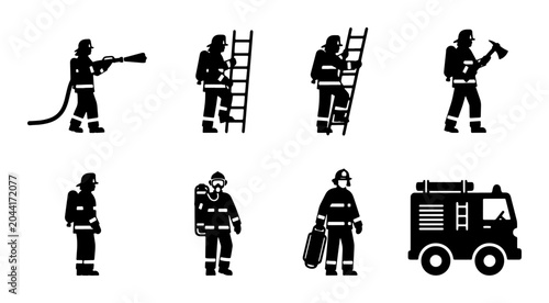 Tableau sur toile Firefighter Icons Set, Emergency Rescue Personnel Silhouettes, Fireman Equipment
