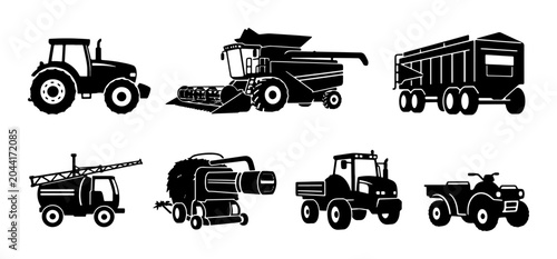 Bild auf Leinwand Agricultural Farm Equipment Icons: Tractor, Combine Harvester, Trailer, Sprayer,