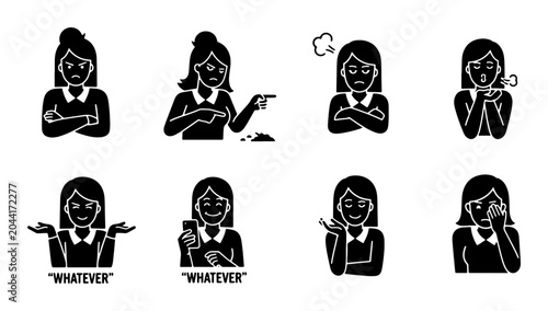 Photos Diverse Female Emotions Set, Vector Icons: Anger, Frustration, Indifference, Sur