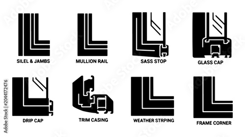 Quadro su tela Window Frame Components Vector Set: Sidelight, Mullion Rail, Sass Stop, Glass Ca