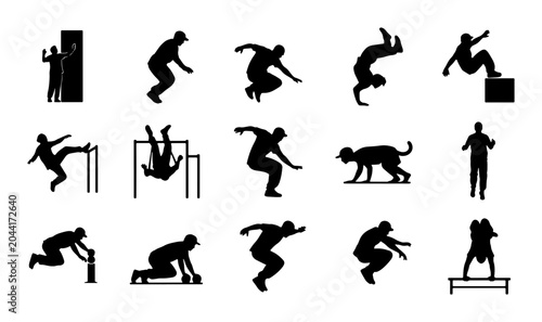 Tableau sur toile Urban Parkour Silhouette Icons: Dynamic Athlete Actions, Free Running Movement,