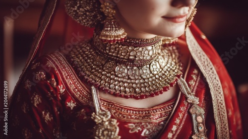 Elegant Indian Bride Adorned in Traditional Red Saree with Intricate Jewelry and Rich Cultural Details