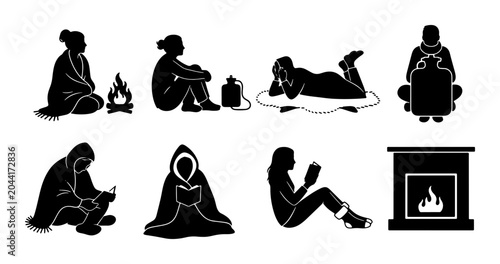 Canvastavla Cozy Winter Scenes Vector Icons, Relaxing People Silhouette Collection, Warmth a
