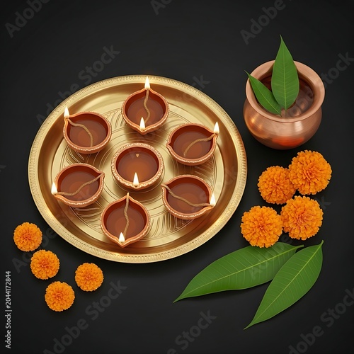 festival Diwali props, featuring a beautifully crafted brass thali, multiple glowing clay diya lamps filled with oil, vibrant marigold flower garlands, and a small copper kalash pot filled with water 