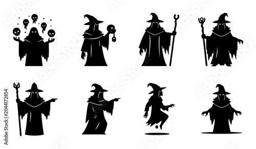 Valokuva Mystical Wizard Silhouettes Collection: Magical Sorcerer Icons, Fantasy Characte