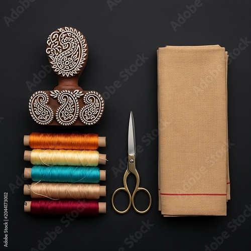  traditional Indian textile and embroidery crafts, showing a vintage wooden block printing stamp with intricate paisley patterns, a collection of colorful silk thread spools, a pair of traditional bra